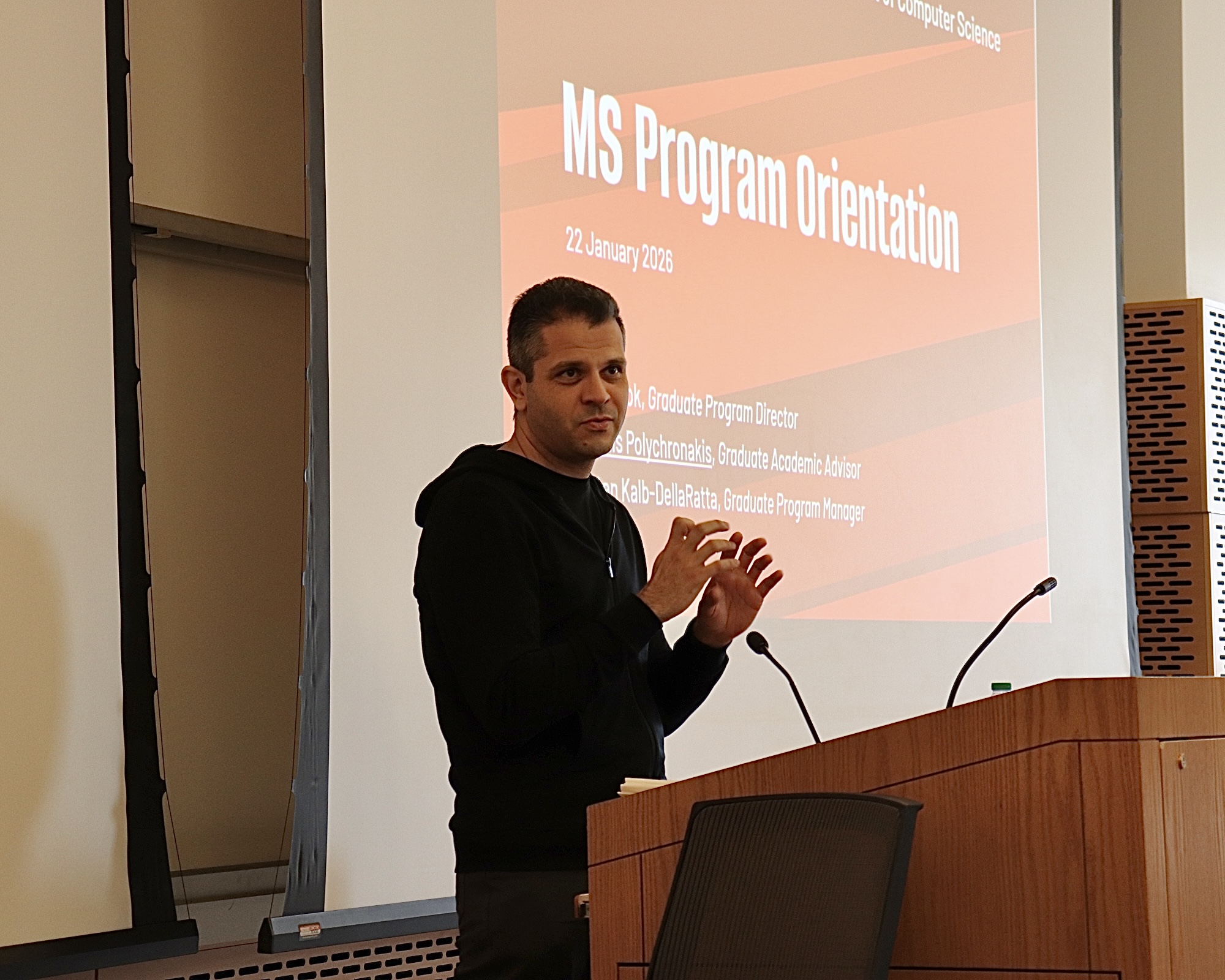 Michalis Polychronakis addresses students at the orientation