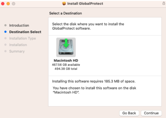 global protect installation destination select page