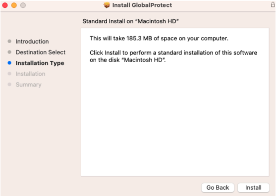 global protect installation installation type page space required