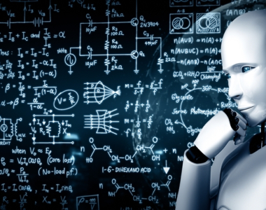 AI robot strikes a thinking pose, surrounded by floating mathematical equations