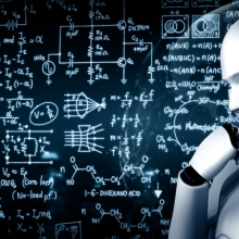 AI robot strikes a thinking pose, surrounded by floating mathematical equations